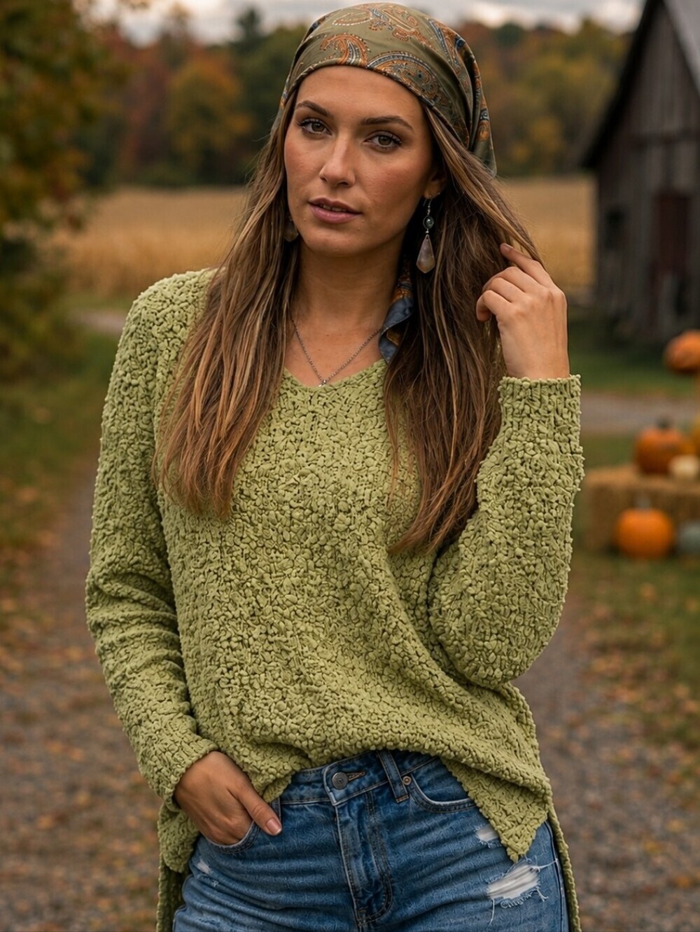 ADORA Popcorn Knit V-Neck Sweater Oversized High-Low Sage Green Cottagecore L